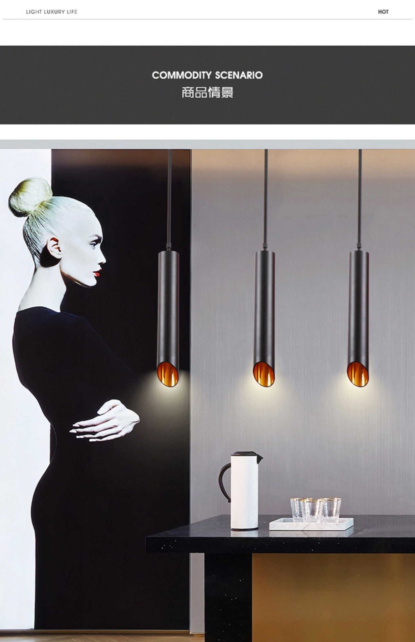 Geometric Straight Cylinderical Black Led Hanging Single Pandent