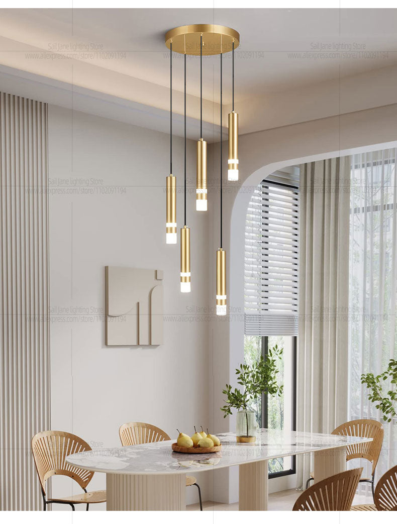 Straight Cylinderical Golden Five Led Hanging Pandent