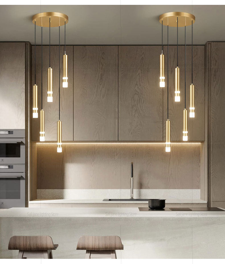 Straight Cylinderical Golden Five Led Hanging Pandent