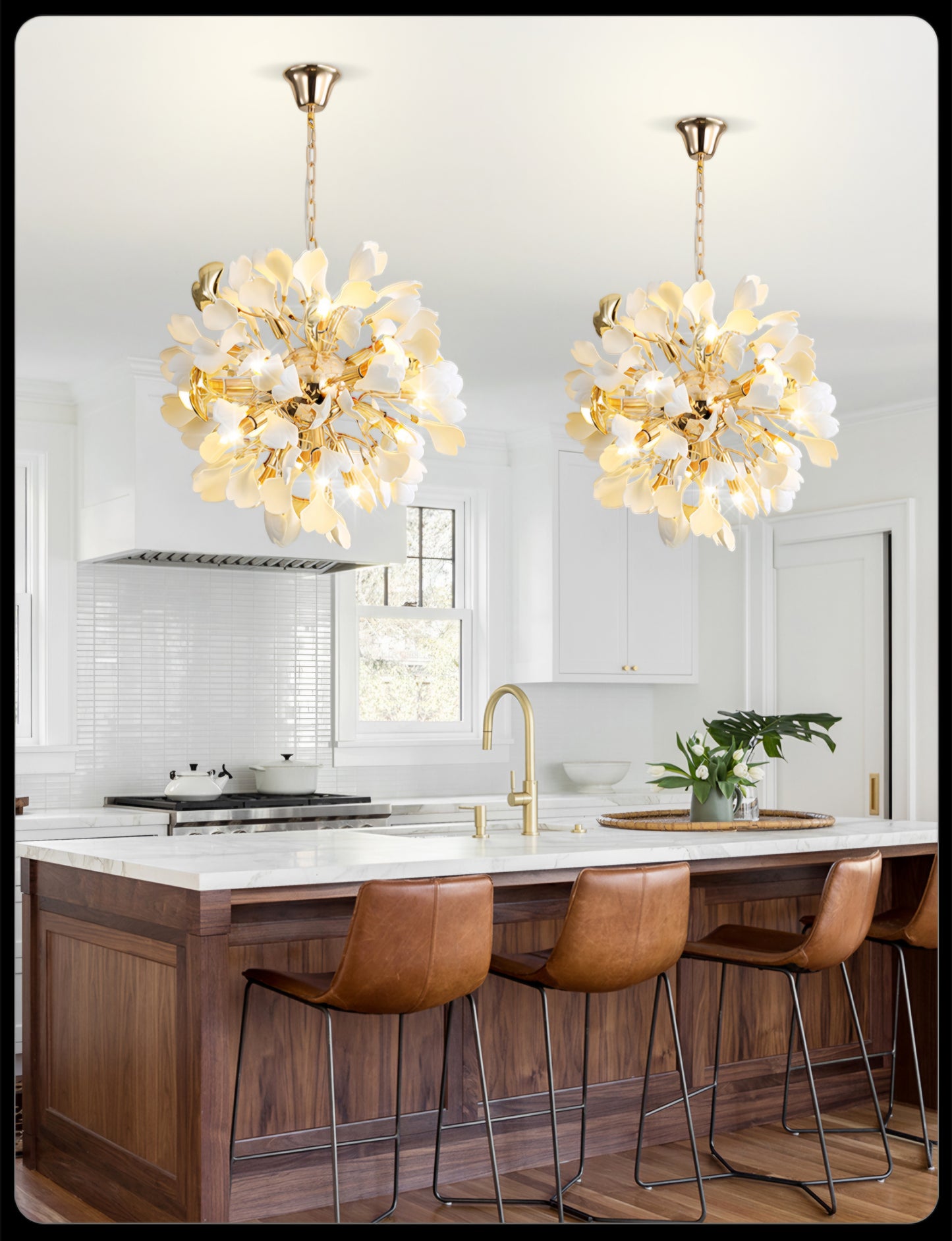 Nordic Golden White Leaf Crystal Led Chandlier Light