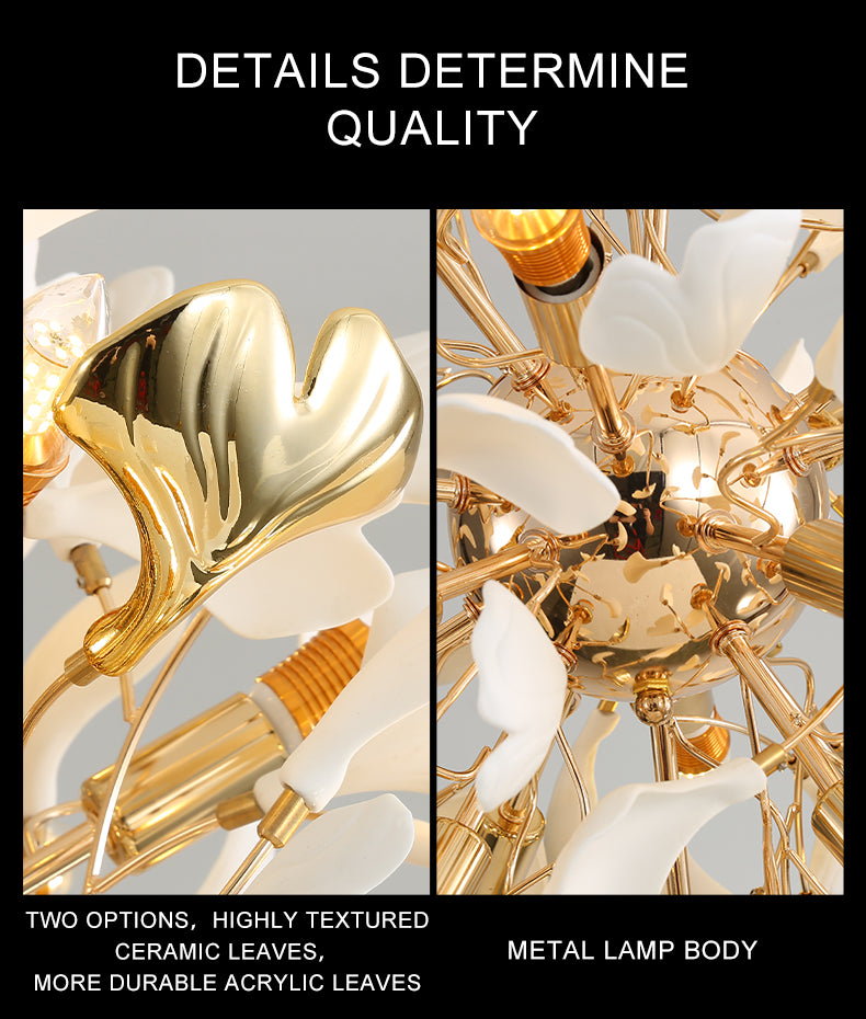 Nordic Golden White Leaf Crystal Led Chandlier Light