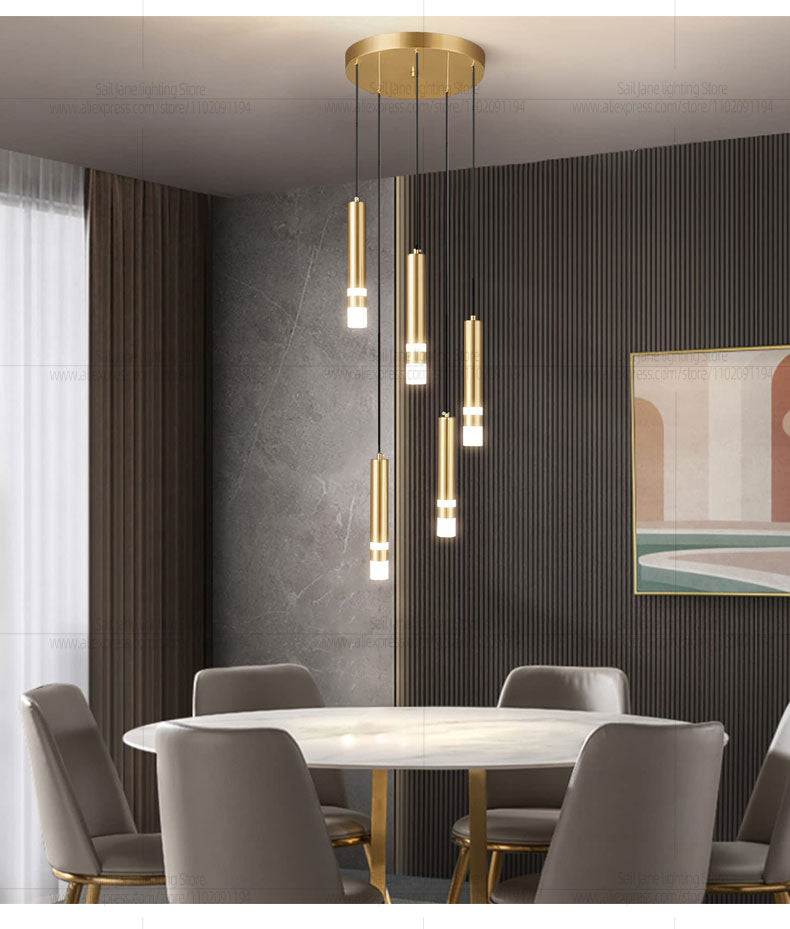 Straight Cylinderical Golden Five Led Hanging Pandent