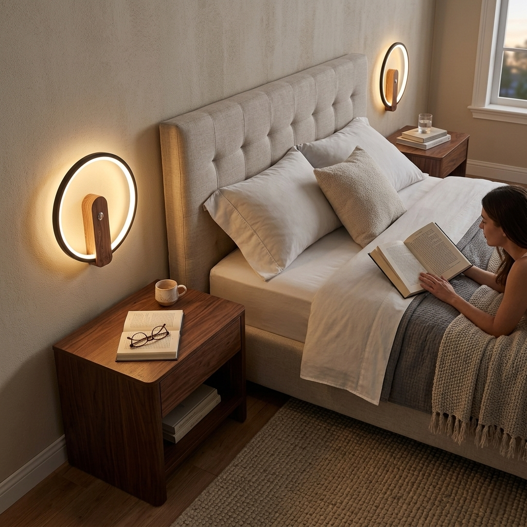 Rounded Wooden Push Button Side Table  Led Wall Lamp